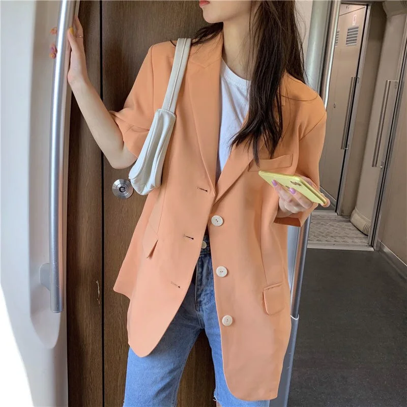 Bella 2022 Orange Solid Short Sleeve Blazer Jackets Thin Femme Casual Elegant Vintage OL Outwears All Match Coats Retro Tops Satin Fabric Silk Fabric Chiffon Fabric