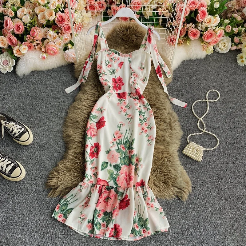 Printed fishtail skirt with slim waist and high height  2800 chiffon skirt airy