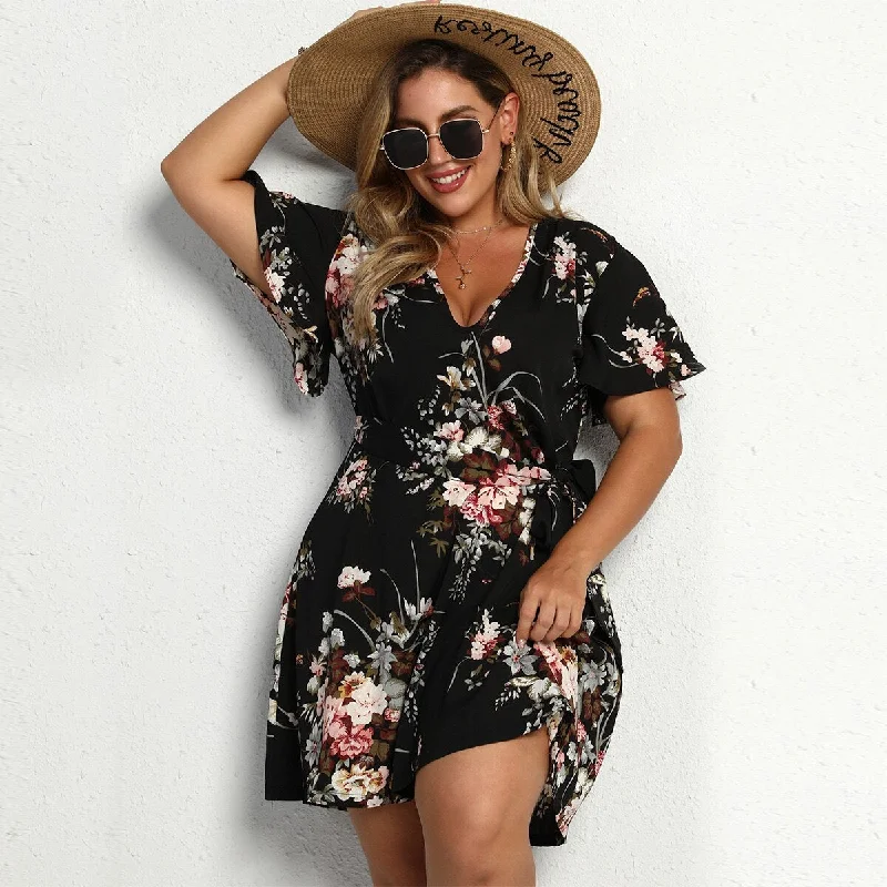 BerriesJam - V-Neck Chiffon Floral Sexy Beach Lace Up Skirt corduroy skirt textured