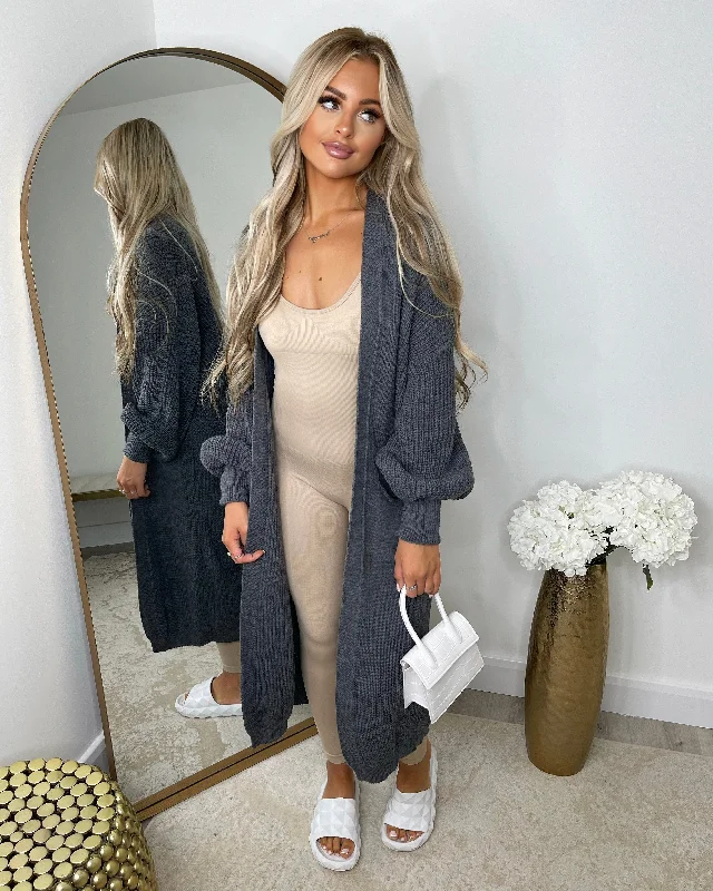 Gabriella Knitted Long Cardigan - Charcoal Plaid Cardigan Polka Dot Checkered