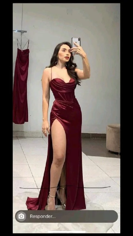 Wine Red Straps Sheath Satin Long Formal Party Dress with Split, DP4013 Peplum Ruffle Cocktail Wine Red Straps Sheath Satin Long Formal Party Dress with Split, DP4013 Peplum Ruffle Cocktail