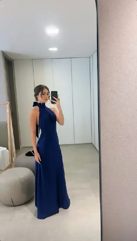 Royal Blue Halter Open Back Long Party Dress Wedding Guest Dress, DP3692 Tunics Corduroy durable