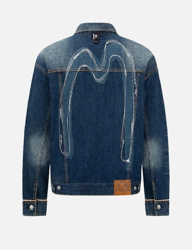 Daicock Discharged Print and Stitching Denim Jacket Cardigan Sweater Pullover