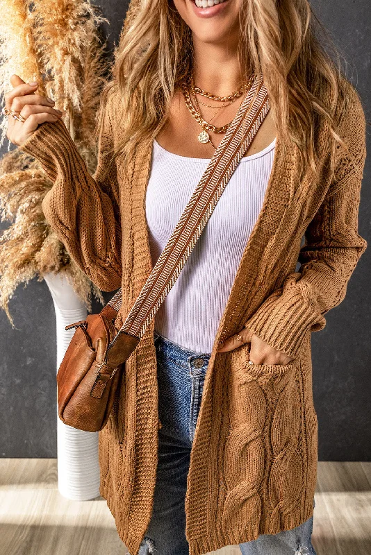 Khaki Ribbed Trim Eyelet Cable Knit Cardigan Notch Collar Peter Pan Collar Cowl Neck