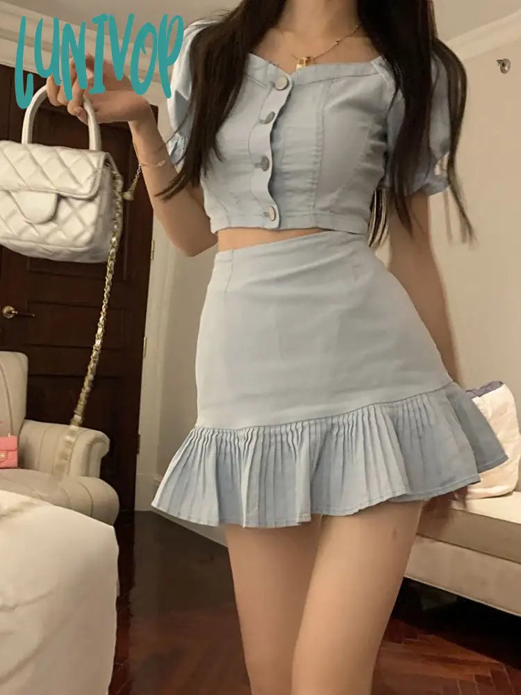 Lunivop Summer Blue Kawaii Two Piece Skirt Set Women Solid Designer Party Mini Skirt Suit Female Korean Fashion Elegant Sweet Set mini skirt trendy Lunivop Summer Blue Kawaii Two Piece Skirt Set Women Solid Designer Party Mini Skirt Suit Female Korean Fashion Elegant Sweet Set mini skirt trendy