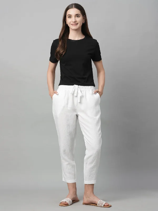 Women's White Linen Regular Fit Pant Soft Stretch Trousers