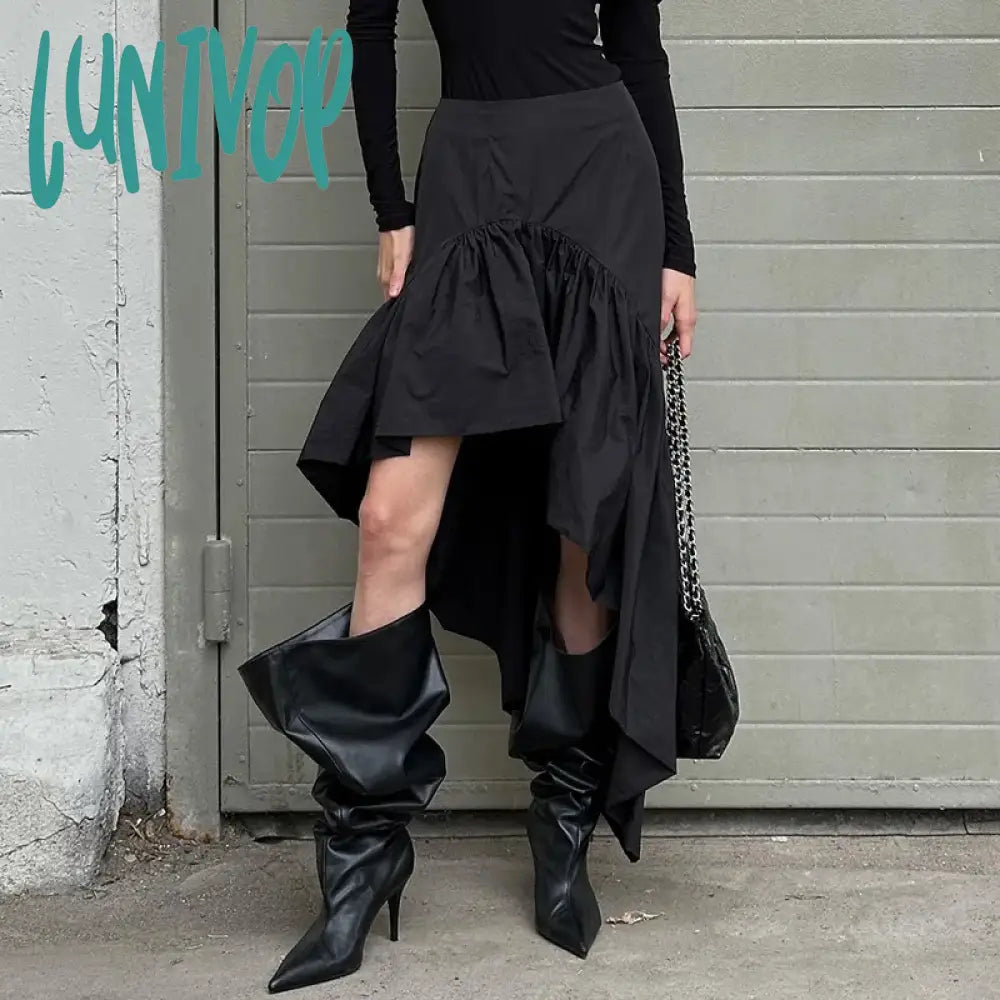 Lunivop Streetwear Fashion Irregular Skirt For Women Woven Splice Ruffled Midi Skirts Party Club Sexy High Waist Skirt Hot Girl wool skirt sturdy