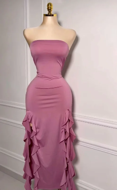 Rose Pink Strapless Ruffles Sheath Long Evening Party Dress DP3839 Tunics Vintage classic Rose Pink Strapless Ruffles Sheath Long Evening Party Dress DP3839 Tunics Vintage classic