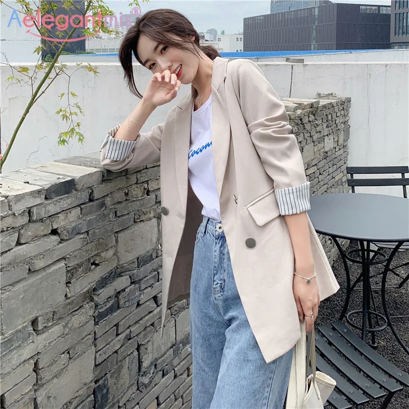 Aelegantmis Spring Autumn Chic Women Blazer Casual Double Breasted Notched Jackets Ladies England Style Outerwear Suits A-Line Jacket Boat Neck Shawl Collar Aelegantmis Spring Autumn Chic Women Blazer Casual Double Breasted Notched Jackets Ladies England Style Outerwear Suits A-Line Jacket Boat Neck Shawl Collar