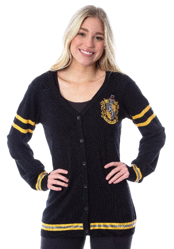 Harry Potter Womens Hufflepuff House Open Front Cardigan Juniors Knit Sweater Front Pockets Side Pockets Patch Pockets