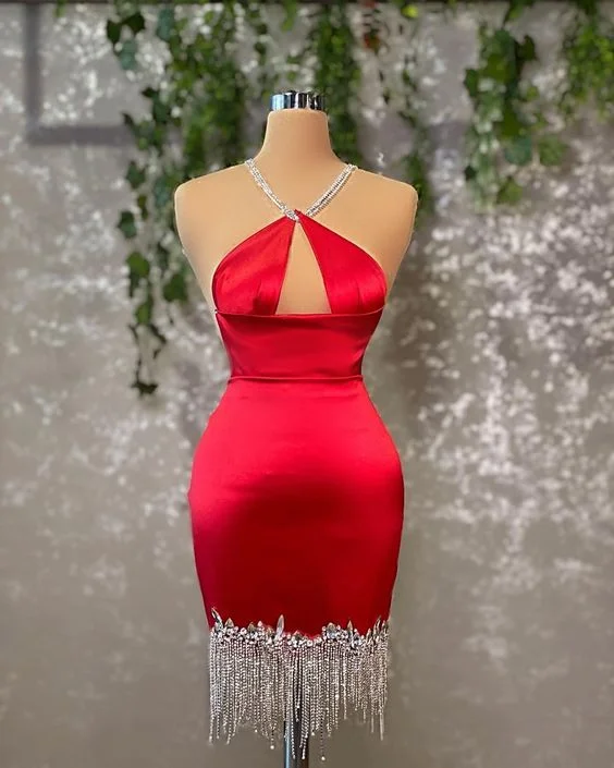 Red Haler Neckline Party Dress With Tassel Buttom c3069 Tunics Chinos classic