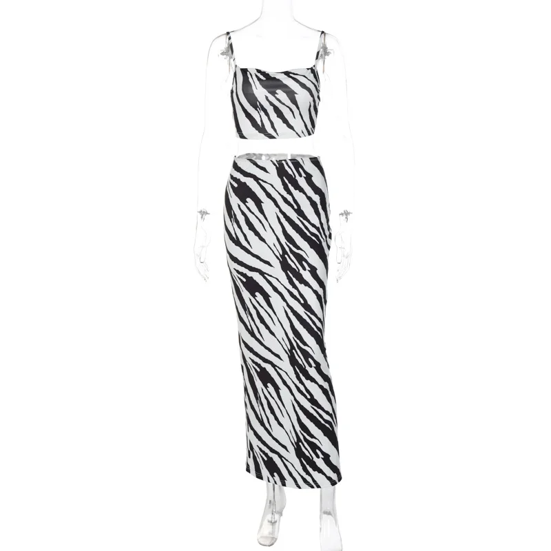 Women'S Fashion Zebra Printed Sling Top + Skirt Two-Piece Set summer skirt style