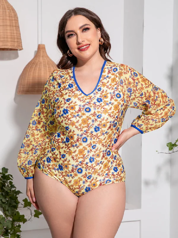 Plus Size Floral Open Back Long Sleeve One-Piece Swimsuit Elegant Halter Bikini