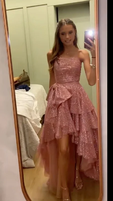 Shiny Pink Strapless A-Line High-Low Party Dress Birthday Gowns, DP3745 Tunics Practical durable Shiny Pink Strapless A-Line High-Low Party Dress Birthday Gowns, DP3745 Tunics Practical durable