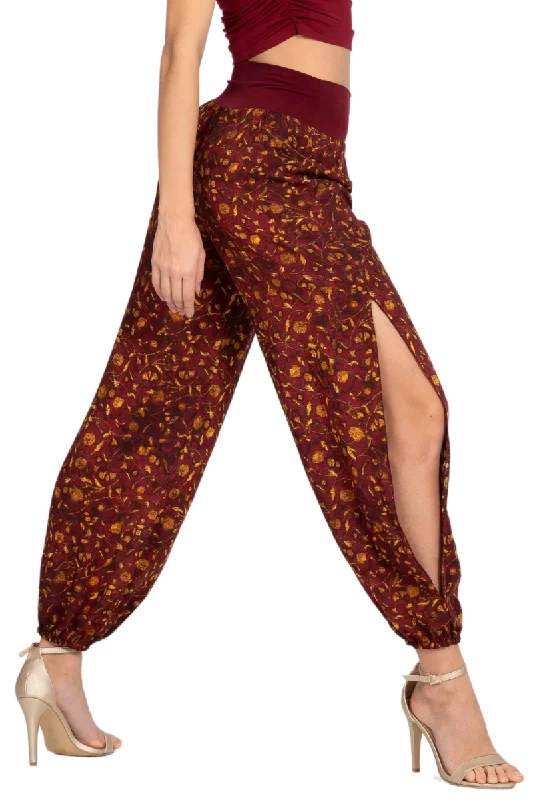Burgundy Vintage Floral Print Gathered Tango Pants Chic Slim Fit Pants