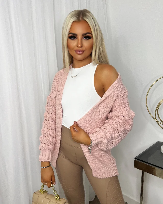 Jamie Short Bubble Sleeve Cardigan - Pink Cable Knit Ribbed Knit Lace Knit