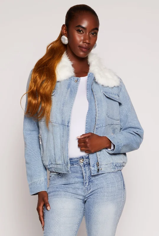 Haute Monde Sherpa Lined Denim Jacket Tiered Jacket Buttoned Jacket Zippered Jacket