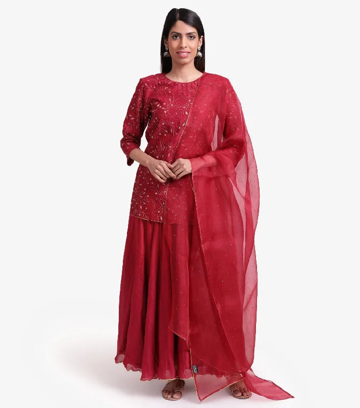 Maroon Embroidered Chanderi Kurta & Skirt Set silk skirt elegant