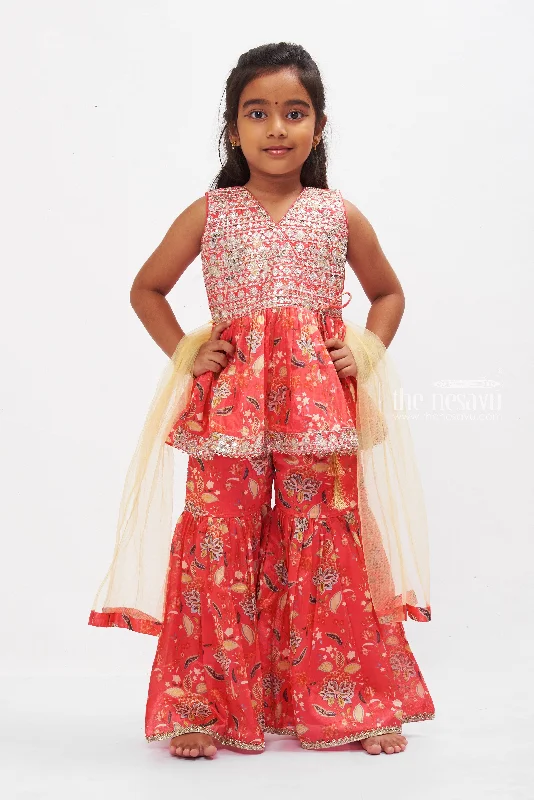 Floral Fusion Kurti with Gharara Pant Set for Girls in Radiant Red Soft Cotton Pants