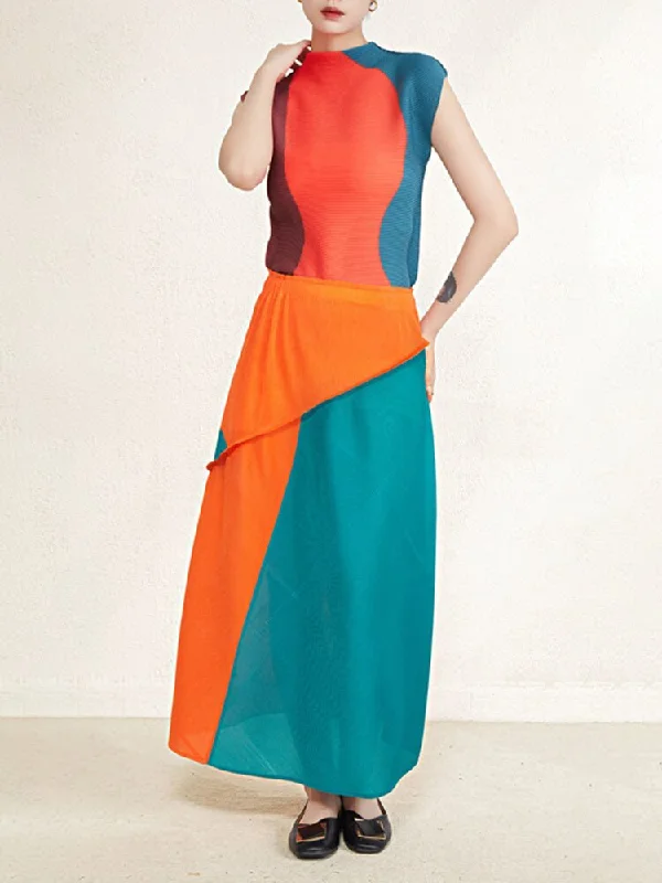 Miyake Pleated Contrast Sleeveless Top and Patchwork Skirt Set corduroy skirt textured