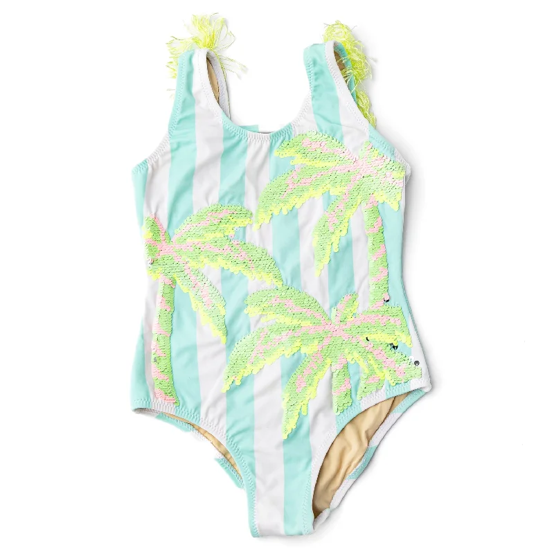 Palm Stripe Sequin Fringe Back Swimsuit Adjustable Swim Top