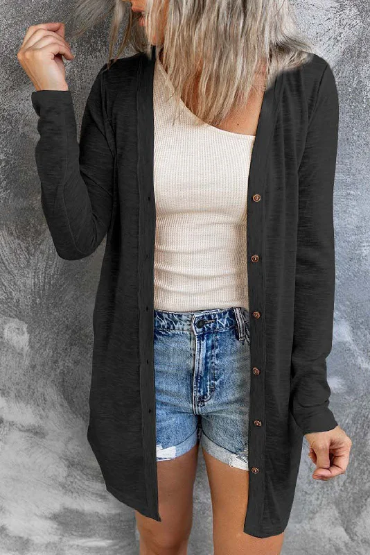 Black Solid Color Open-Front Buttons Cardigan Knit Fabric Woven Fabric Fleece Fabric Black Solid Color Open-Front Buttons Cardigan Knit Fabric Woven Fabric Fleece Fabric