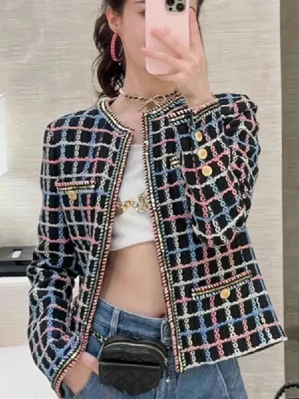 Plaid Casual Tweed Jacket Women Knit Fabric Woven Fabric Fleece Fabric
