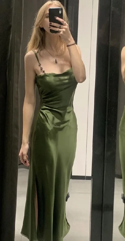 Green Spaghetti Straps Sheath Simple Long Party Dress, DP4005 A-Line Day Work