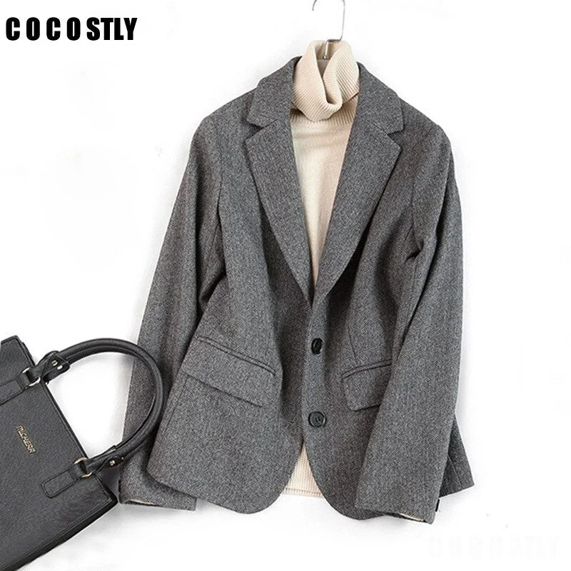 Woolen Blazer women jacket Winter Vintage British style herringbone casual suit women Grey Blazers women Stand-Up Collar Roll-Neck Collar Turtle Neck Woolen Blazer women jacket Winter Vintage British style herringbone casual suit women Grey Blazers women Stand-Up Collar Roll-Neck Collar Turtle Neck