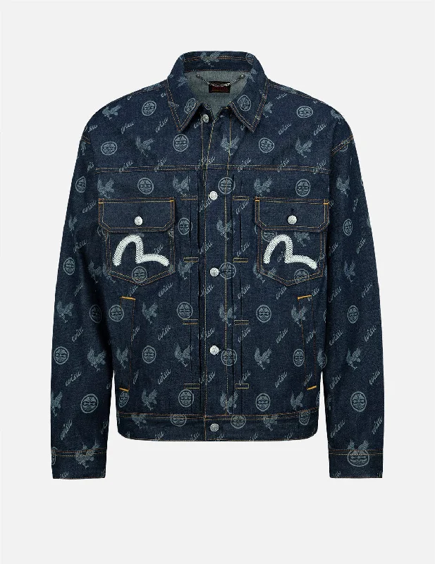Eagle and Kamon Allover Discharged Print Denim Jacket One-Shoulder Jacket Off-the-Shoulder Jacket Asymmetrical Jacket Eagle and Kamon Allover Discharged Print Denim Jacket One-Shoulder Jacket Off-the-Shoulder Jacket Asymmetrical Jacket
