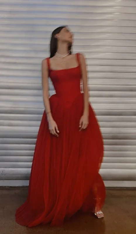 Charming Red Square Neck A-Line Tulle Long Formal Party Dress, DP3729 Mermaid Tail Wedding Charming Red Square Neck A-Line Tulle Long Formal Party Dress, DP3729 Mermaid Tail Wedding
