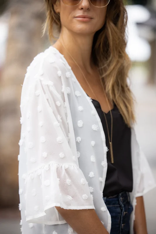 Swiss Dot Ruffle Midi Sleeve Flowy Cardigan Velvet Chenille Corduroy
