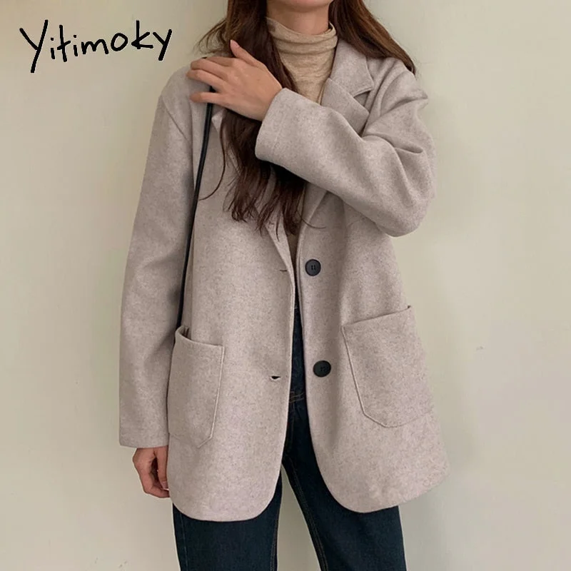 Yitimoky Woman Blazers Casual Jacket Wool Blend Long Coat 2022 Autumn Winter Single Breasted Solid Pockets Korean Style Corduroy Jacket Velvet Jacket Brocade Jacket Yitimoky Woman Blazers Casual Jacket Wool Blend Long Coat 2022 Autumn Winter Single Breasted Solid Pockets Korean Style Corduroy Jacket Velvet Jacket Brocade Jacket