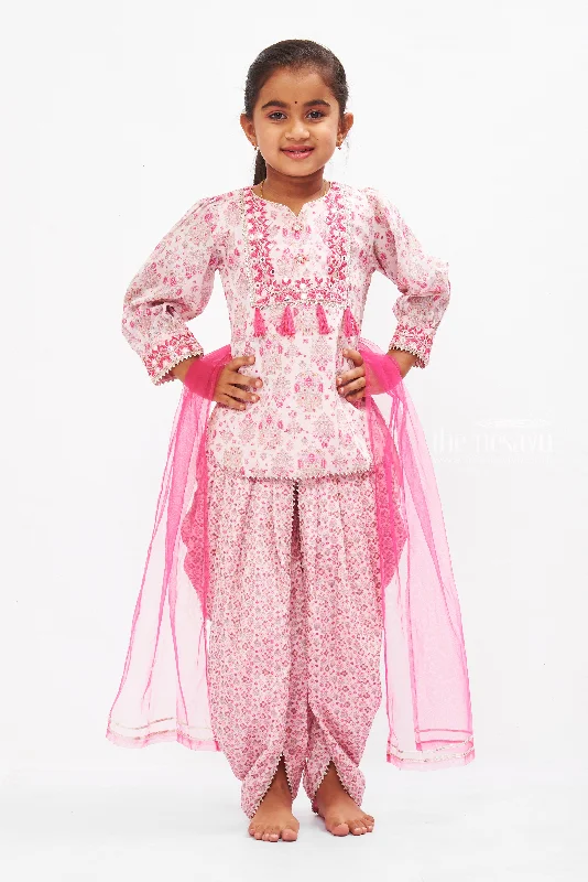 Elegant Floral Dhoti Pant Set with Embellished Dupatta for Girls Modern Bootcut Pants