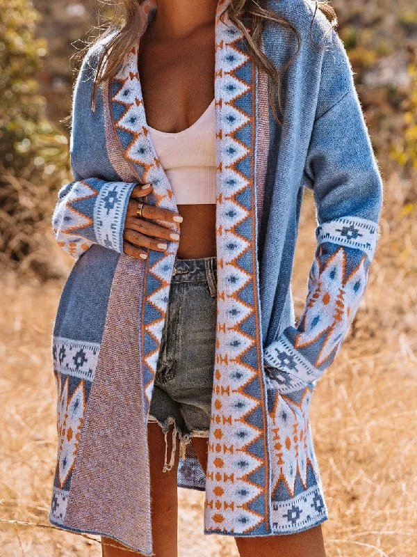 Blue Geometric Patterned Knit Open Front Cardigan Slim Fit Regular Fit Oversized
