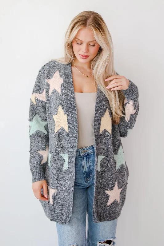 FINAL SALE - Cozy Outcome Heather Grey Star Cardigan Patchwork Embroidered Appliqued FINAL SALE - Cozy Outcome Heather Grey Star Cardigan Patchwork Embroidered Appliqued