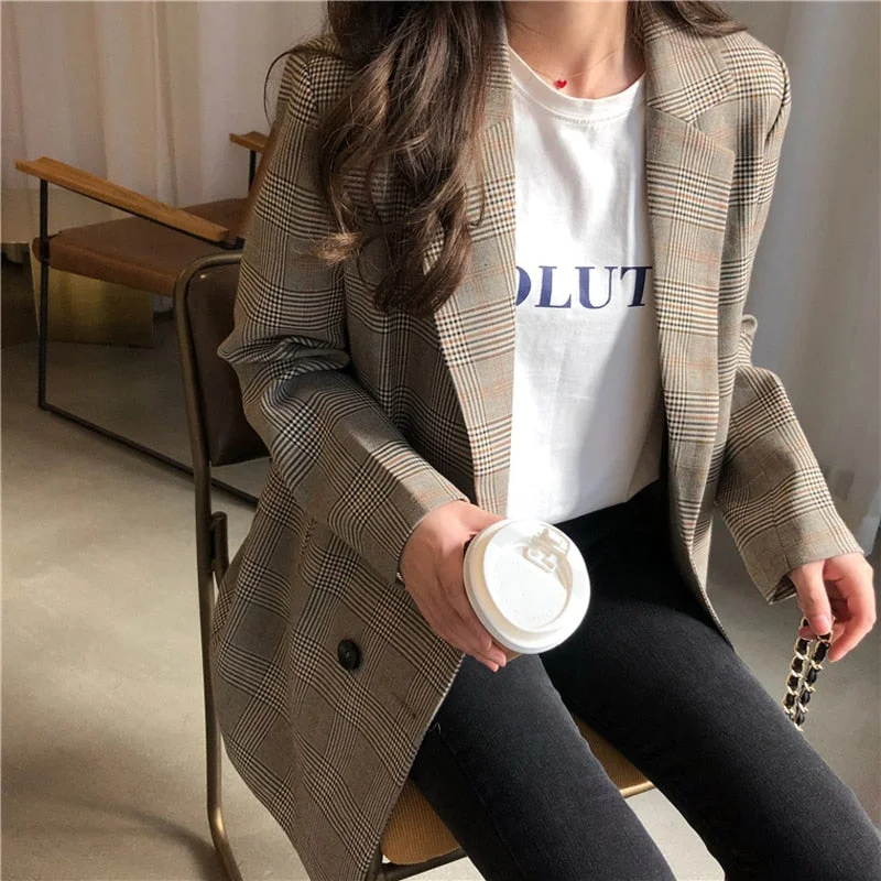 Office Ladies Notched Collar Plaid Women Blazer Double Breasted Autumn Jacket 2022 Casual Pockets Female Suits Coat Fleece Fabric Down Fabric Feather Fabric Office Ladies Notched Collar Plaid Women Blazer Double Breasted Autumn Jacket 2022 Casual Pockets Female Suits Coat Fleece Fabric Down Fabric Feather Fabric