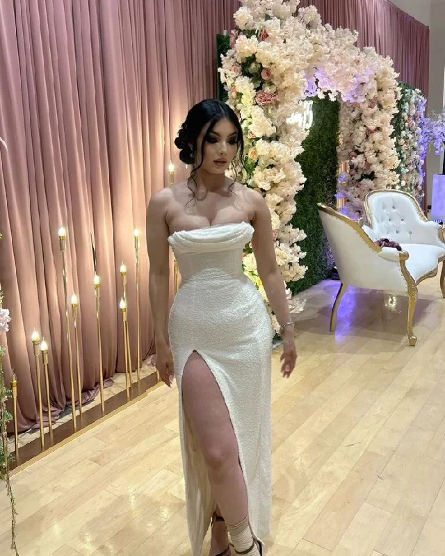Sexy White Strapless Sheath Long Evening Party Dress with Split DP3930 Tunics Sophisticated sleek Sexy White Strapless Sheath Long Evening Party Dress with Split DP3930 Tunics Sophisticated sleek