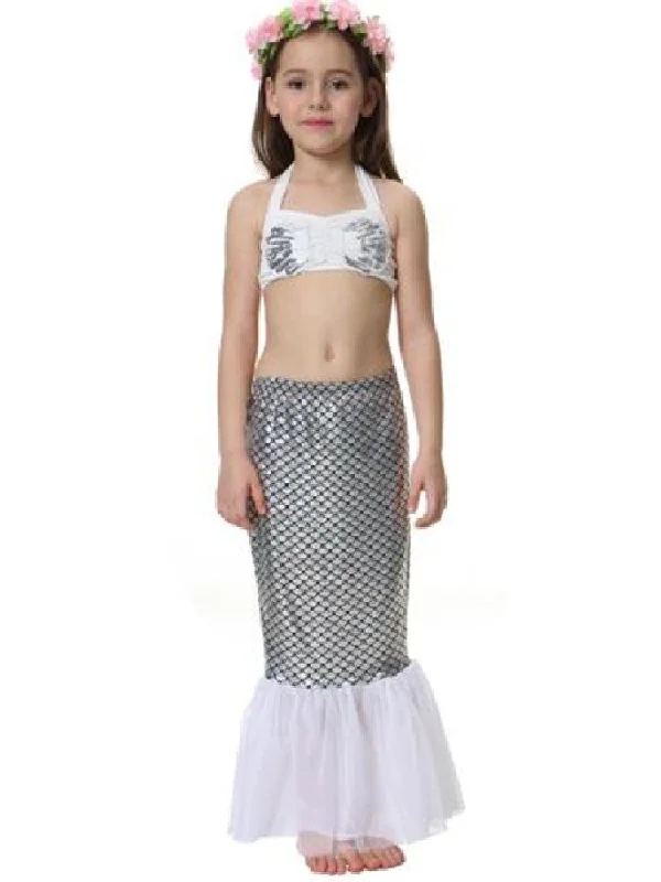 Girls Silver White Scales Sequins 3 Pieces Swimsuit Set 2-9 Modern High-Waisted Swimsuit Girls Silver White Scales Sequins 3 Pieces Swimsuit Set 2-9 Modern High-Waisted Swimsuit