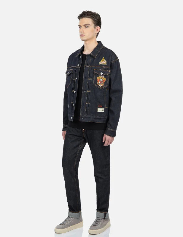 Military Style Godhead Appliqué Denim Jacket Bomber Jacket Anorak Windbreaker