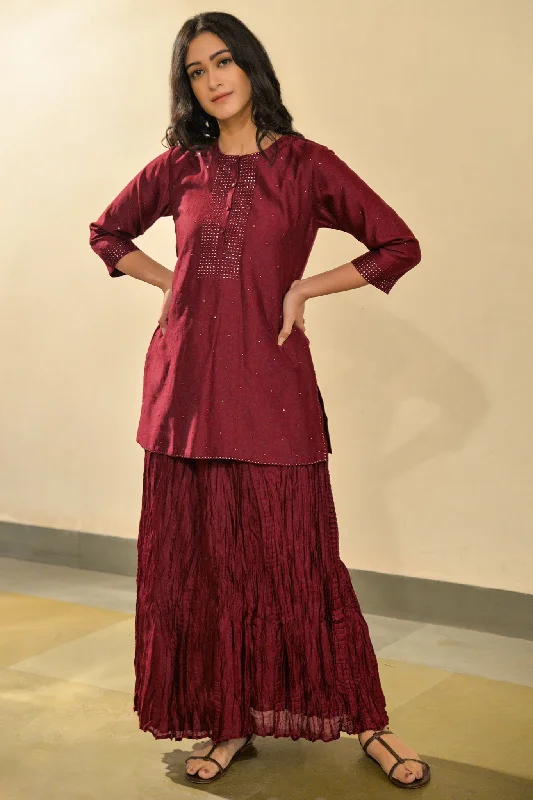 Maroon Chanderi Short Kurta with Skirt Set of 2 wrap skirt elegant