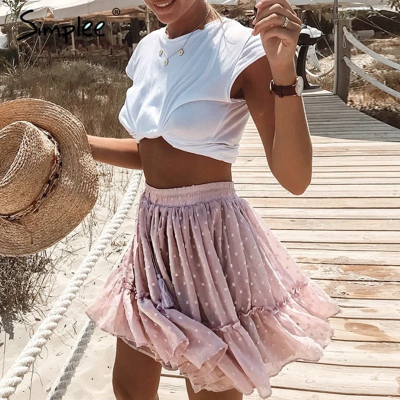 Casual polka dot mini women skirt High waist linen skirt airy