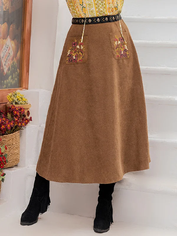 Plus Size Embroidered Pocketed High Waist Skirt satin skirt smooth