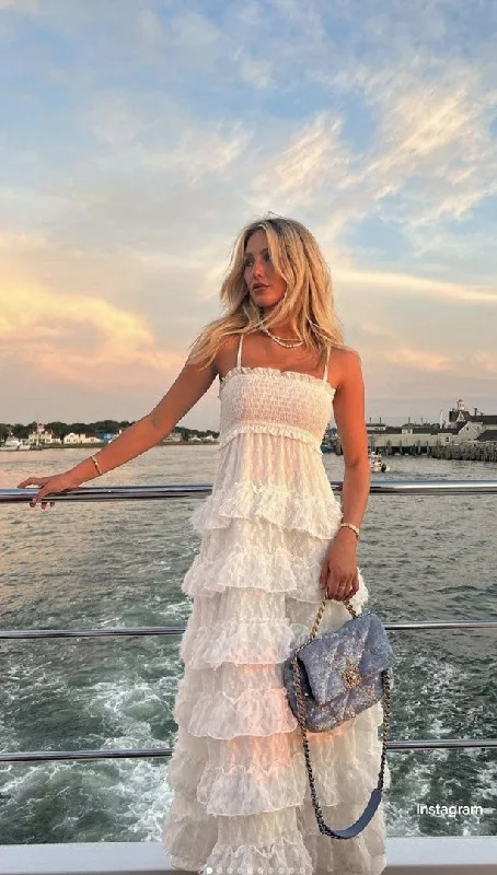 White A-Line Spaghetti Straps Lace Tiered Fashion Long Party Dress DP3974 Tunics Wedding white White A-Line Spaghetti Straps Lace Tiered Fashion Long Party Dress DP3974 Tunics Wedding white