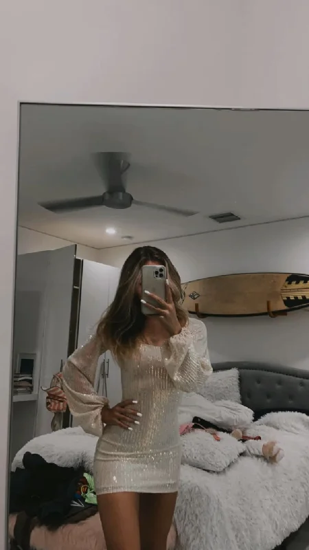 Puff Long Sleeve Mini Party Dress Sequin Homeocming Dress cc20 Cowl Neckline Elegant
