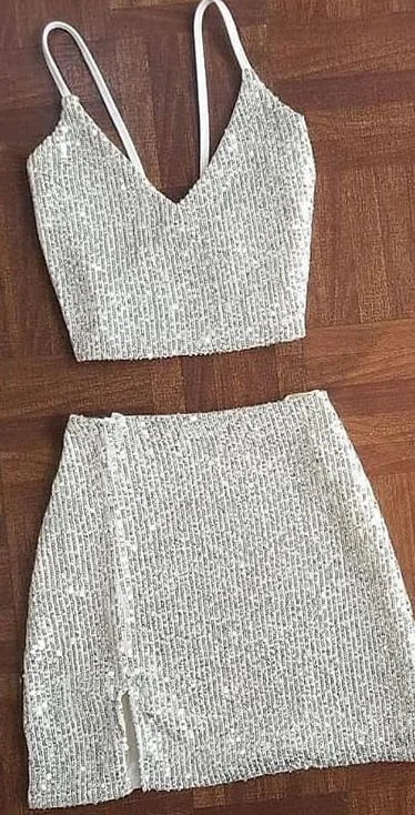Two piece sequins party dress straps v neck homecoming dress c3179 Cowl Neckline Elegant Two piece sequins party dress straps v neck homecoming dress c3179 Cowl Neckline Elegant