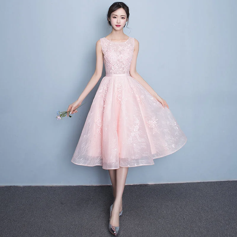 Pink round neck lace party dress, lace homecoming dress c3261 Tunics Lace romantic