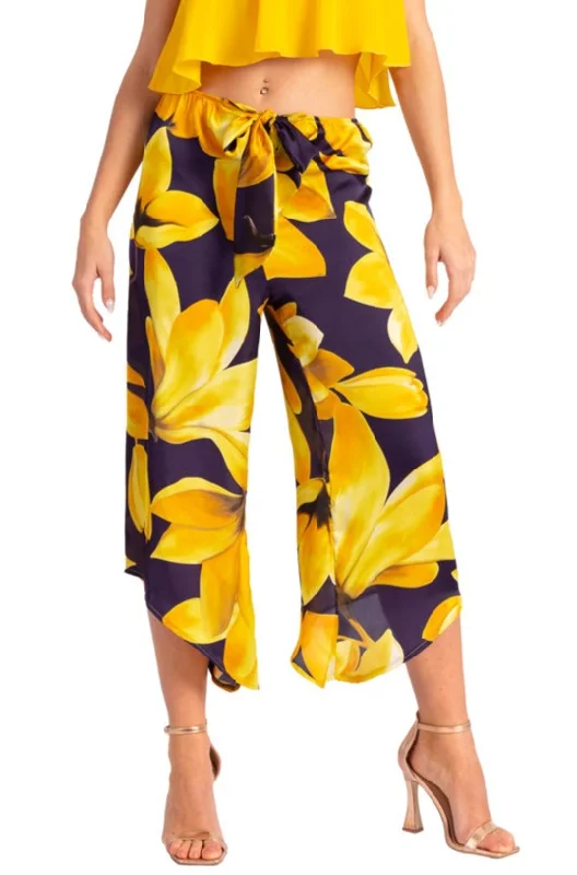Waist Tie Yellow Floral Print Asymmetric Cropped Tango Pants Trendy Velvet Pants