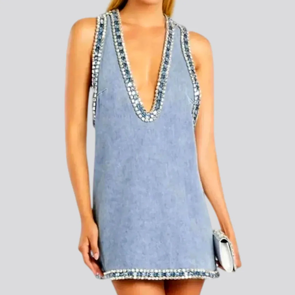 Rhinestone tank top shift denim dress solid color tank