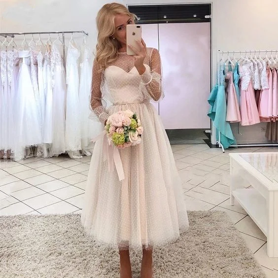 Short Tea Length Wedding Dress Dot Tulle Puffy Sleeves A-Line Simple Party Dress C866 Tunics Vintage classic Short Tea Length Wedding Dress Dot Tulle Puffy Sleeves A-Line Simple Party Dress C866 Tunics Vintage classic